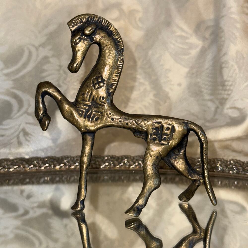 Vintage Greek Bronze Horse Figurine Mid Century Primitive Mythic Decor Sculpture